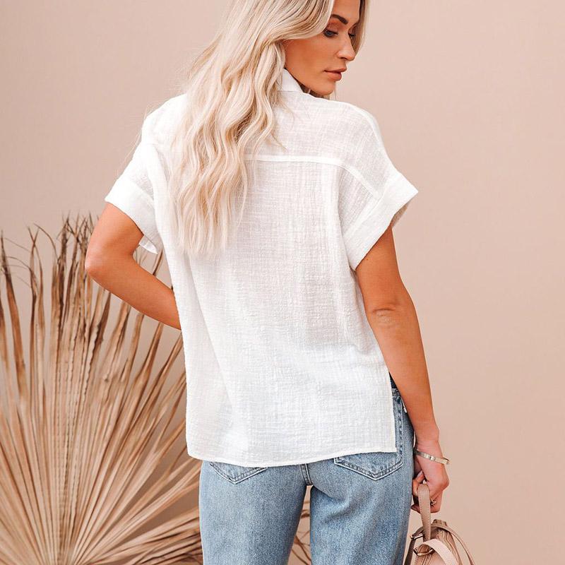 Camicia estiva a maniche corte con colletto rovesciato, tinta unita, camicia con bottoni, da donna, camicetta tascabile taglie forti, top da donna