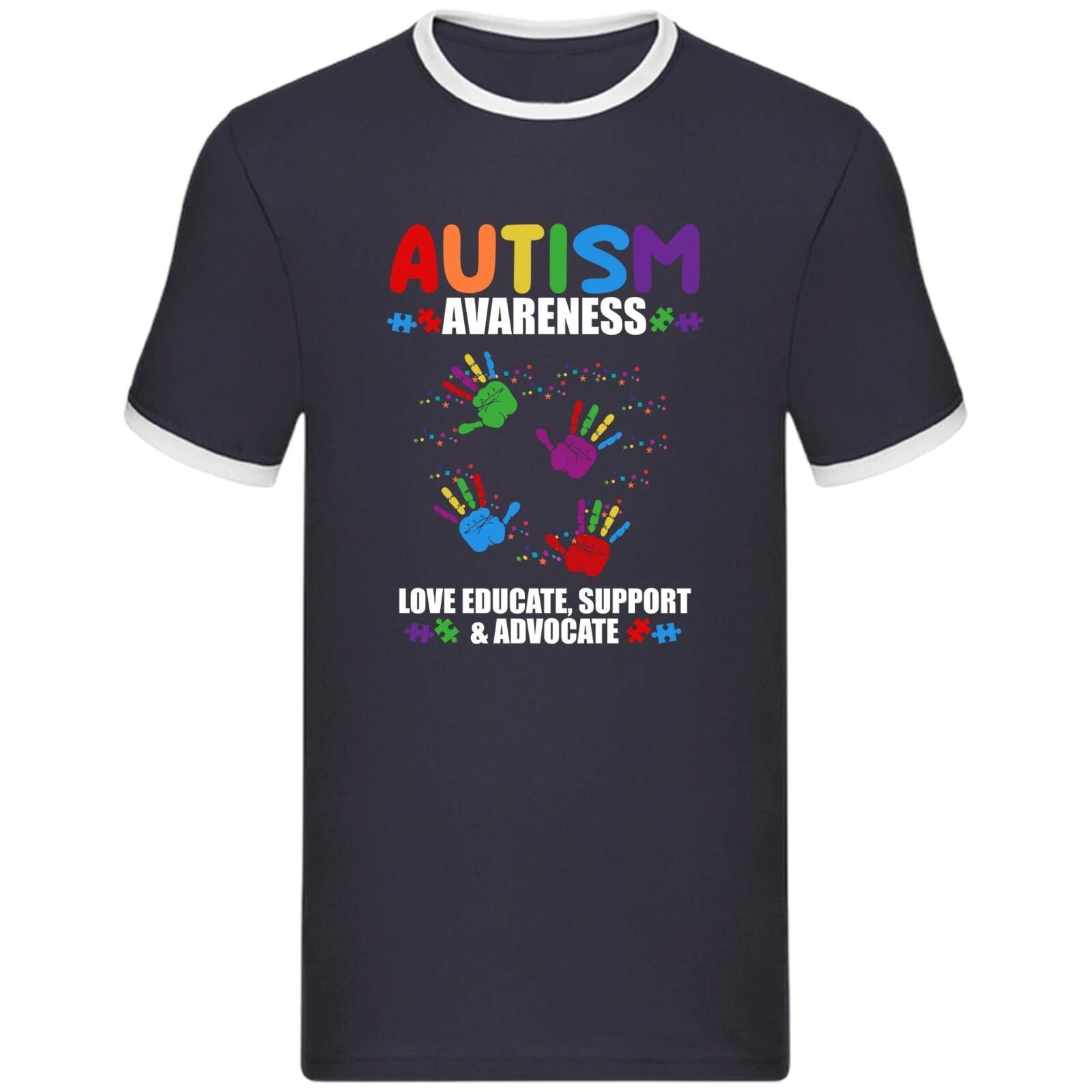 Autism Awareness Ringer T-Shirt Love Educate Support Advocate Rainbow Hands Top S
