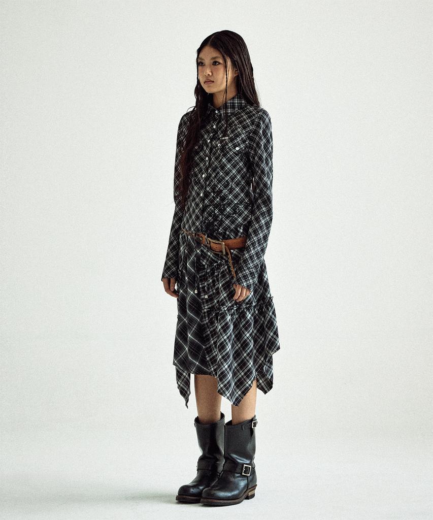 The Vinyl House Unbalance Layered Check Skirt (W) Black