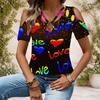 Damen Übergröße Schlüsselloch Ringhals Kalte Schulter Kurzarm Tintenspritzer Druck T-Shirt