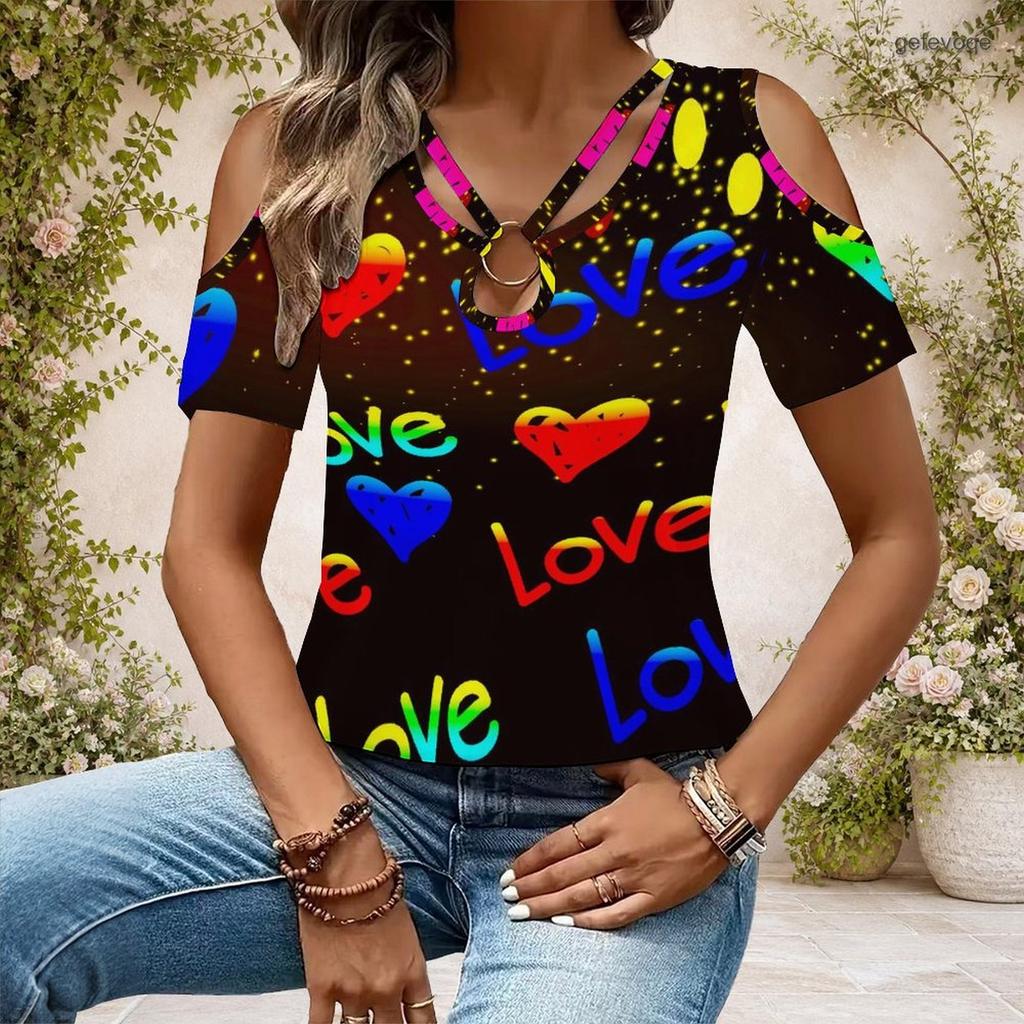 Damen Übergröße Schlüsselloch Ringhals Kalte Schulter Kurzarm Tintenspritzer Druck T-Shirt