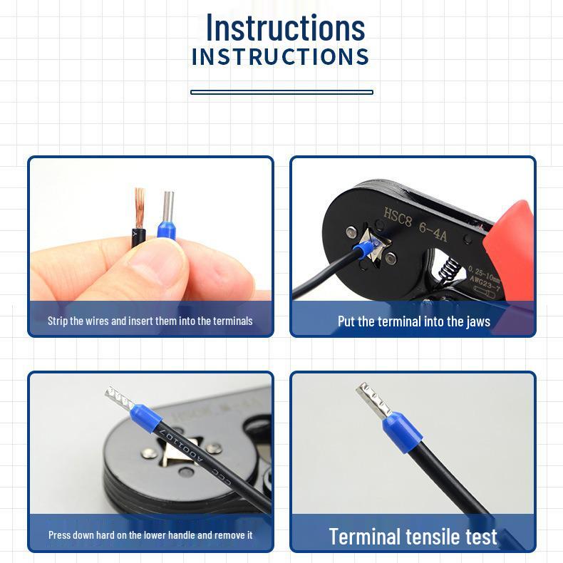 VE Insulated Wire Connector Crimping Pliers with Copper Terminal Pins, 4/6 Sides