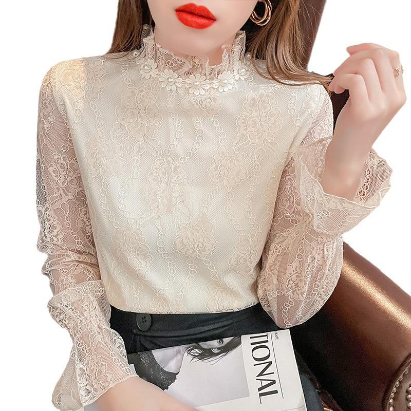 2025 Autumn/Winter Women's Elegant Chiffon Blouse: Korean & European Style, Plus Velvet, Thickened Lace Shirt