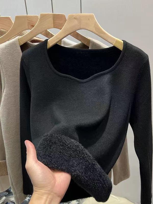 Women's Winter Warm Plush Knit Sweater - Low-Neck One-Piece with Plus Velvet Thickened Base Layer