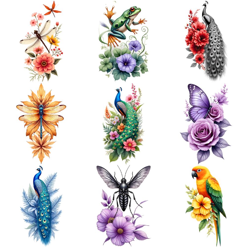 9pcs Temporary Tattoo Flower Tattoo Colorful Frog Tattoo Butterfly Tattoo For Male Arms Back