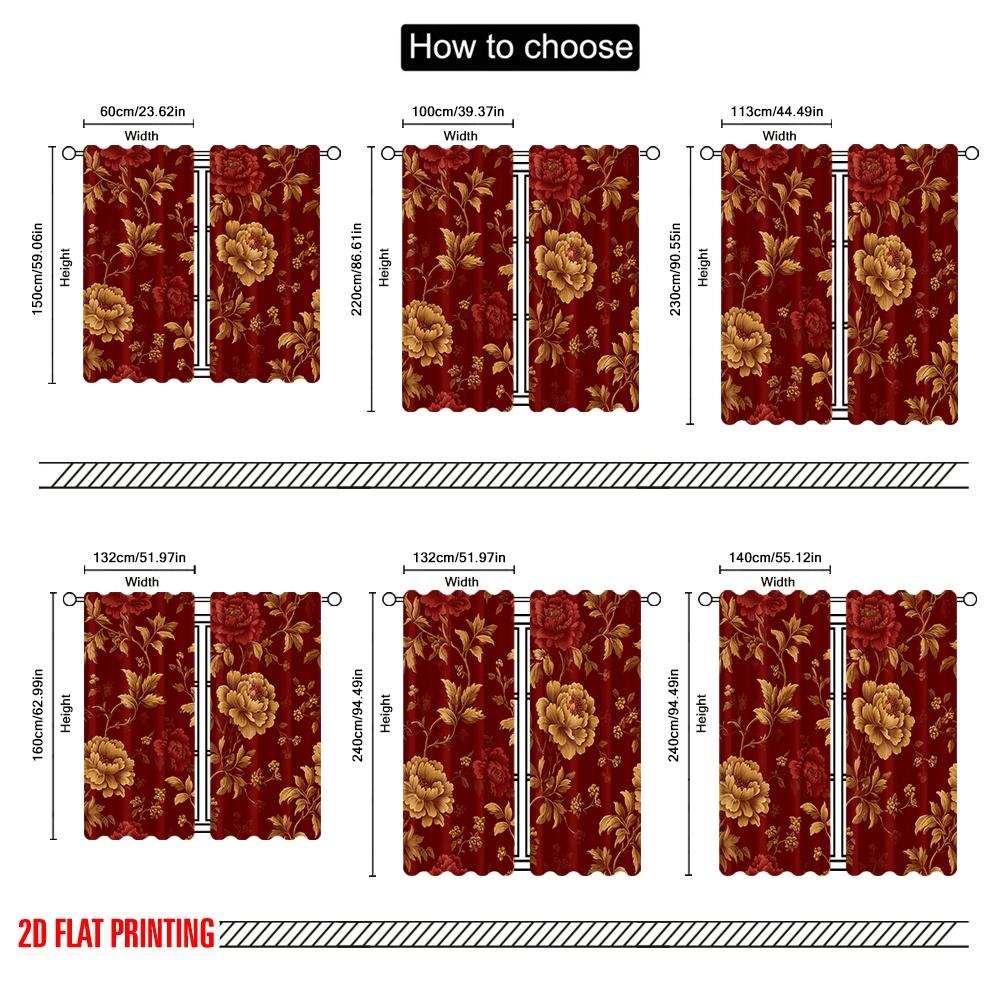 2pcs,2D Plane Printing Curtain Fabric Red Pattern Versatile Polyester (without Rod) Home Decor Use for Bedroom, Living Room,