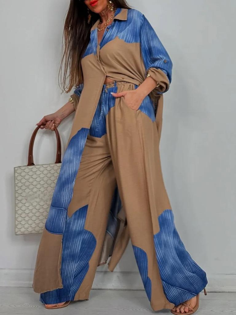 Frühling Neue Damenmode Lässig Colorblock Locker Hemd Oberteil Hosen Set