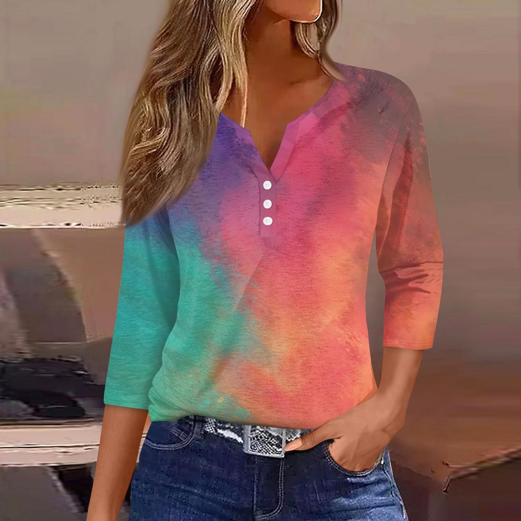 Camiseta de mujer Camiseta estampada Botón Manga 3/4 Moda diaria Fin de semana Básica Cuello en V Top regular