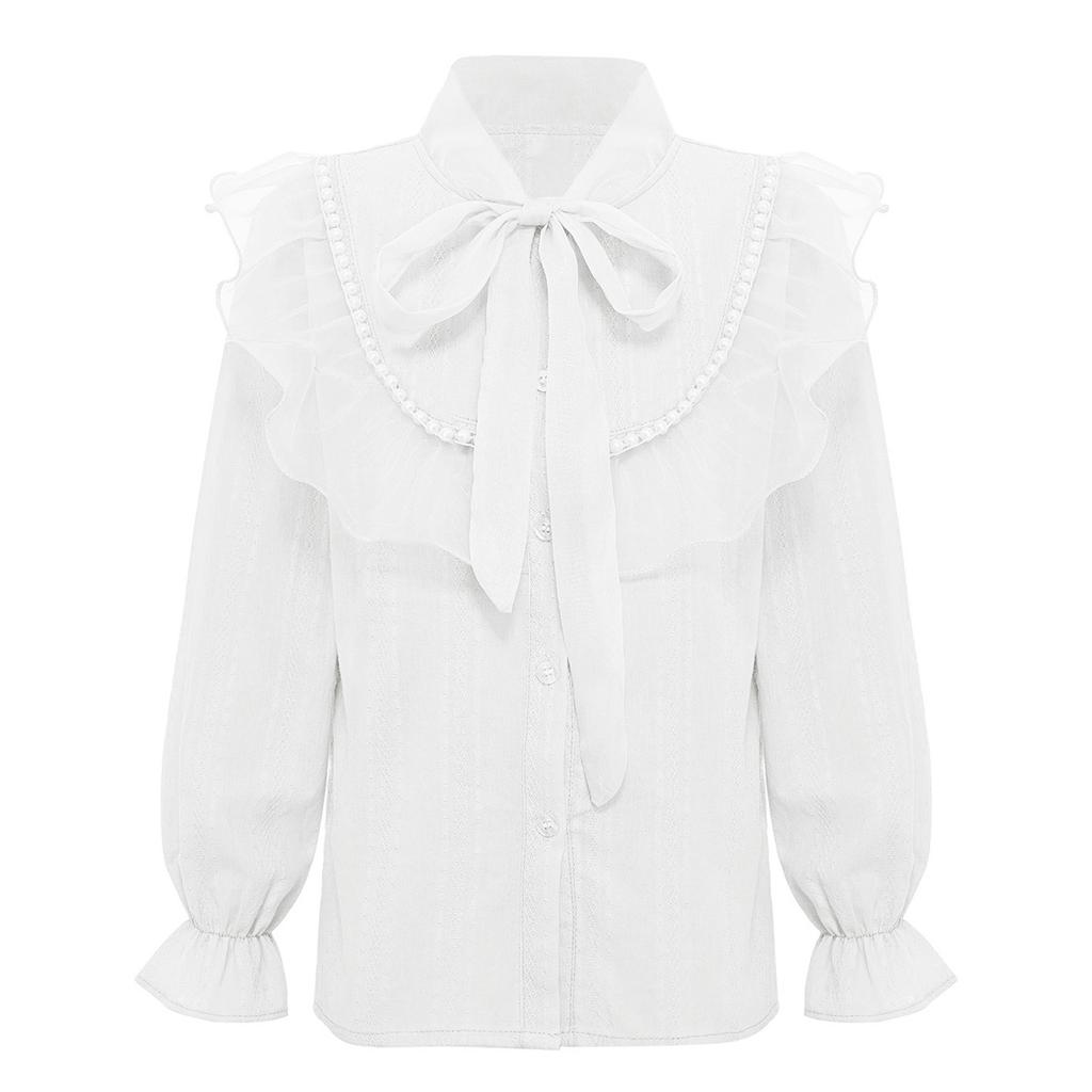 Mädchen Elegante Knopfbluse Schnürkragen Künstliche Perlen Tüllrüschen Langarmhemd