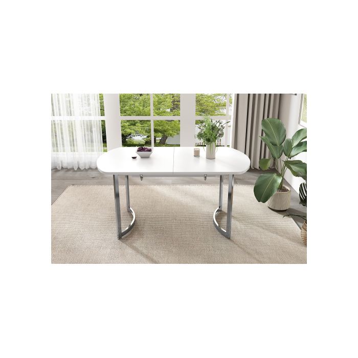 Table de salle à manger à rallonge 140/180 x 80 cm, longueur extensible 180 cm, pieds en métal argenté, blanc + pieds argentés