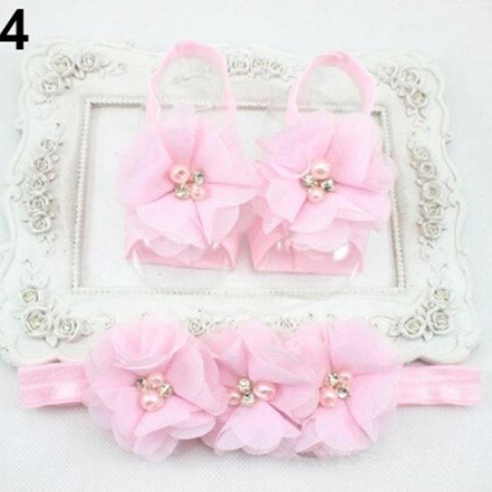 Cute Newborn Baby Infant Girl Rose Flower Headband + Barefoot Ring Sandals Shoes