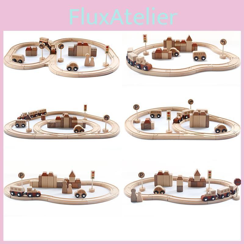 Fun City Wooden Transportation Train Track Assembly Building Blocks Kid Set Toy