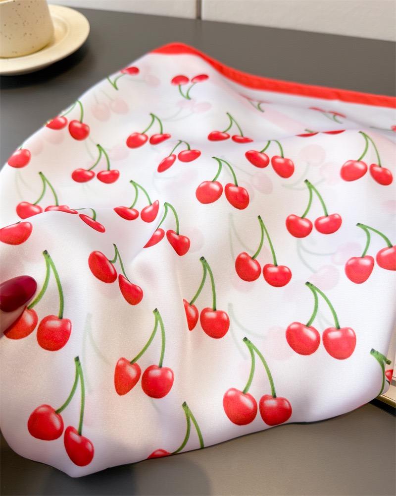 Luxury Square Silk Scarf Women Cute Fruit Cherry Pattern Shawls and Wraps Fashion Small Bag Scarves Hair Tie Bandanas 70*70Cm
