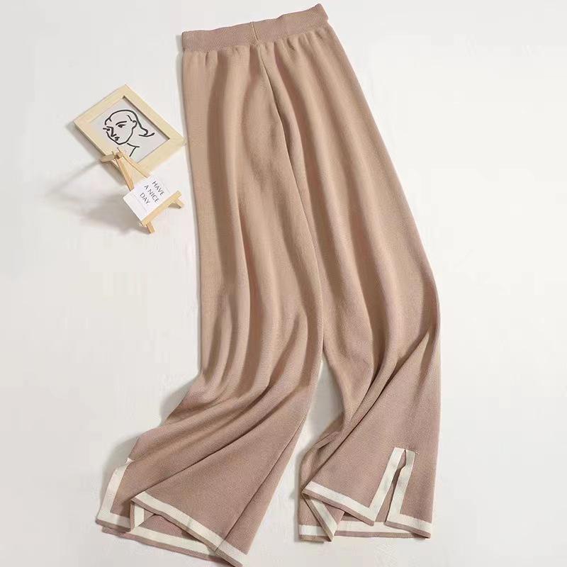 2025 Fall Contrast Long-Sleeve Knit Sweater & High-Waist Wide-Leg Pants Set
