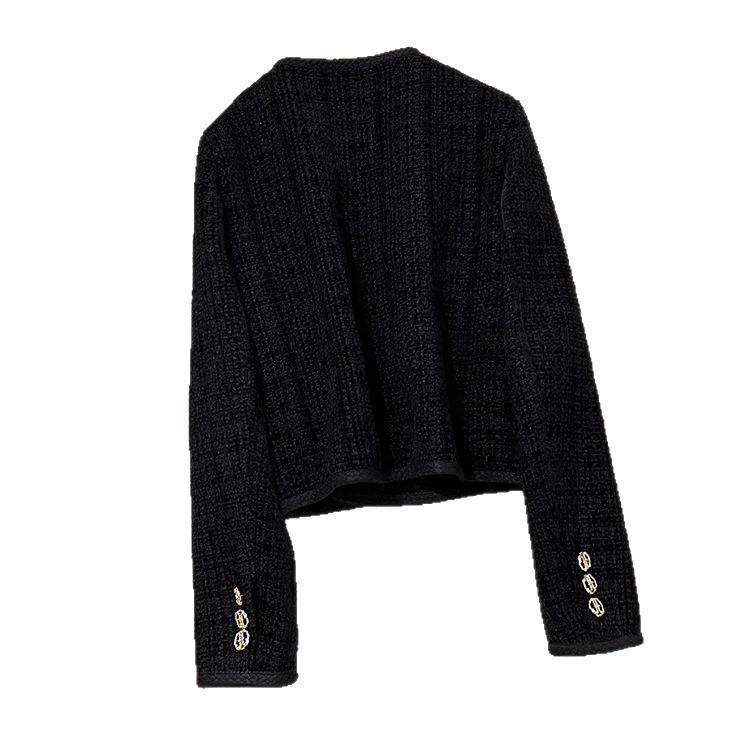 Elegant Black Tweed Round Neck Jacket - Autumn/Winter French Style