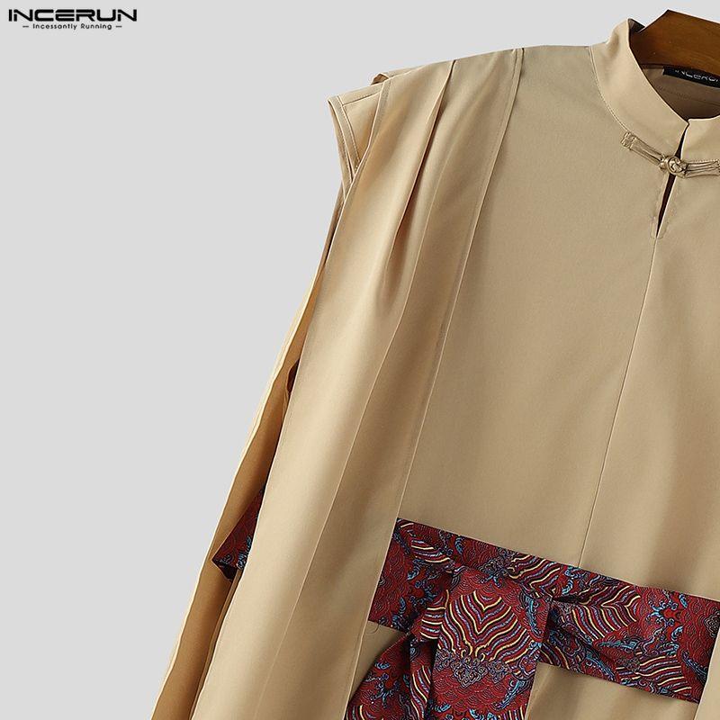 INCERUN Men Sleeveless Layers High Splits Ribbon Belt Casual Long T-shirts Tops