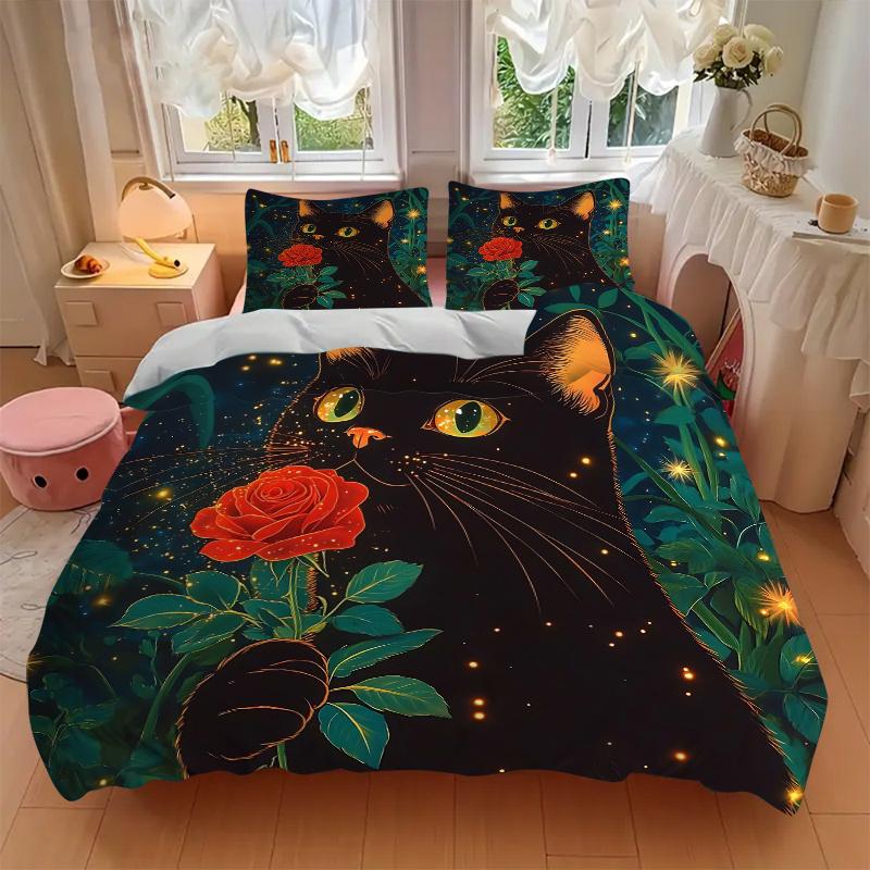 3pcs Rose and Attractive Black Cat Print Bedding Set (1 Cover + 2 Pillowcases, Without Inserts), This Printed Bedding Set is Soft and Comfor