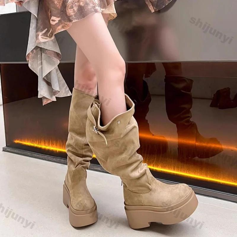 Women's Thick Heels Knee High Boots Khaki Flock Slip on Western Boots Woman Spring Autumn Soft Leather Short Botas Mujer