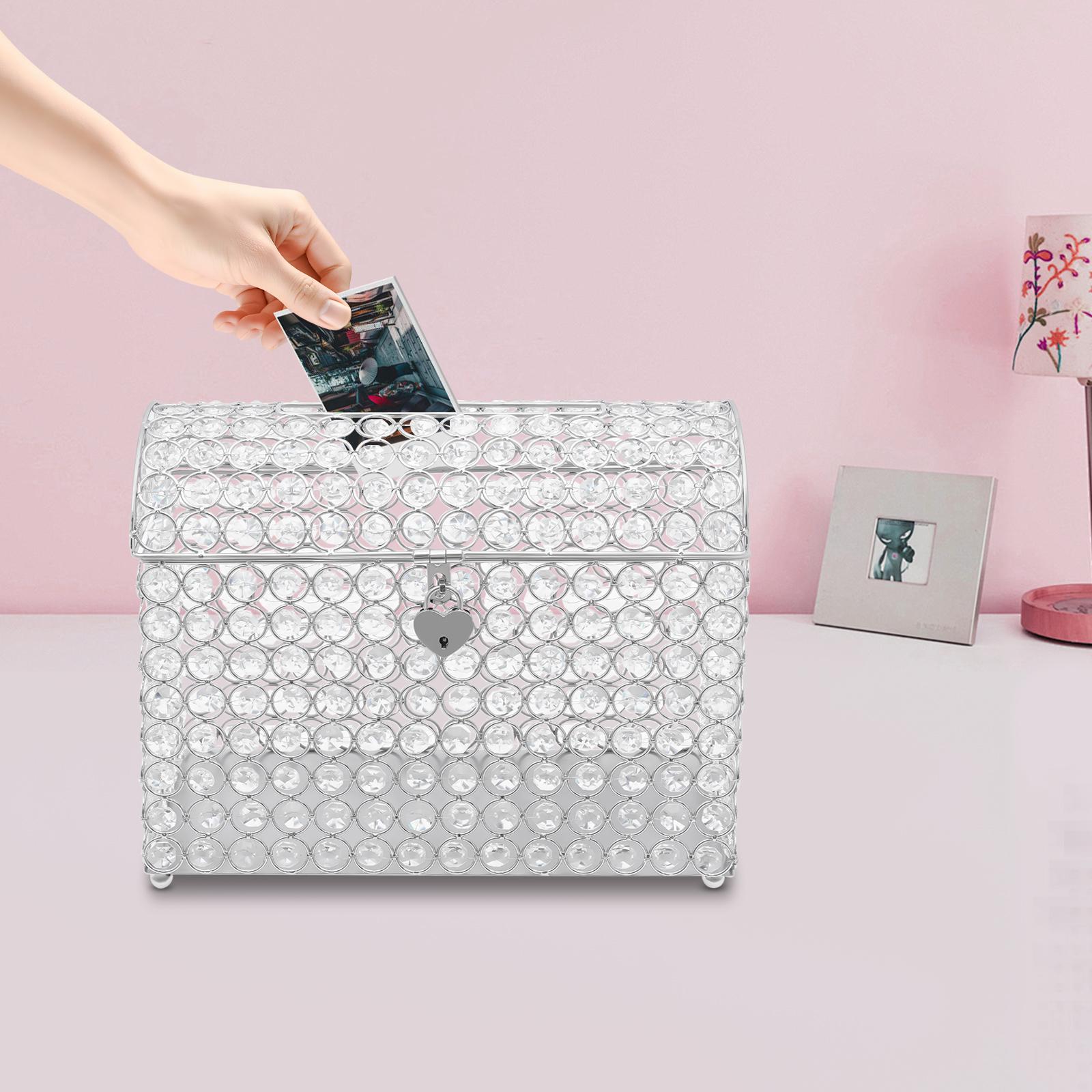 

Elegant Crystal Wedding Card Box with Heart-Shaped Lock - Silver, Modern Money Gift Holder for Bridal Shower, Tabletop Display M чистий