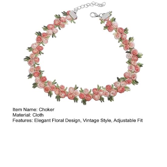 Boho Embroidered Floral Choker Retro Pink Flower Choker Adjustable Vintage Lace Collar Choker for Women Girls