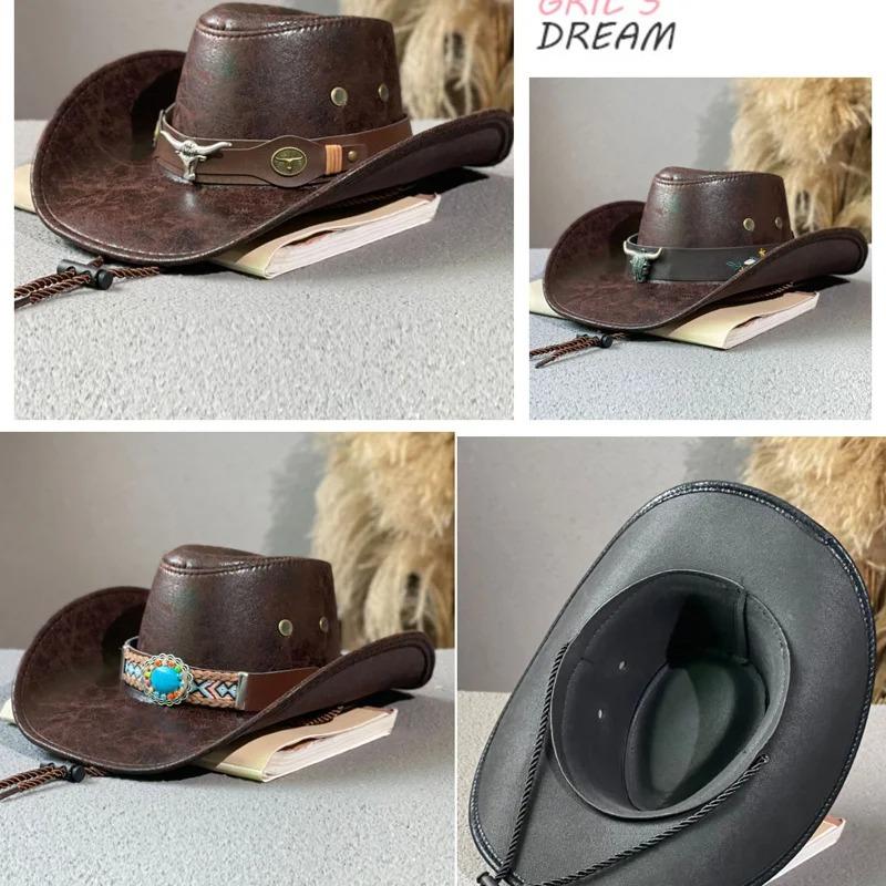 Vintage Western Cowboy Hat Ox Head Belt Rivet Fedora Hats For Men Women Outdoor Travel Wide Brim Faux Leather Cowgirl Sun Caps