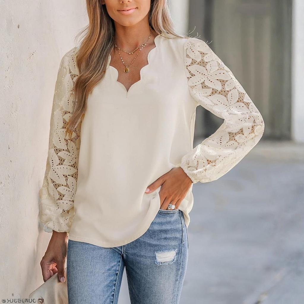 Damska kolorowa bluzka z koronką w kwiaty, dekoltem w serek i długim rękawem