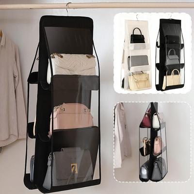 6 Pocket Hanging Handbag Organizer For Wardrobe Closet Gray Waterproof Storage Bag Door Wall Clear Sundry Bag With Hanger Pouch