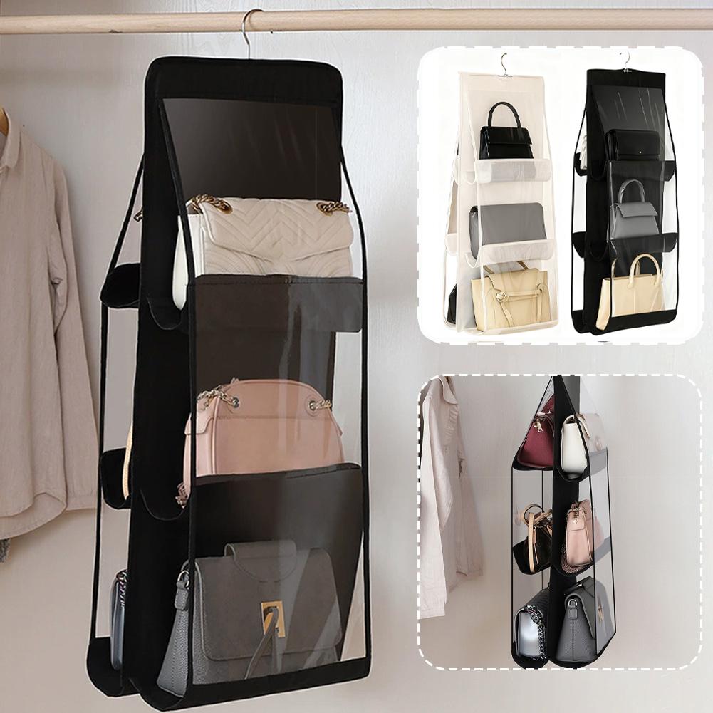 ארגונית תלייה ל-6 כיסים לתיקי יד לארון בגדים אפורה עמידה למים תיק אחסון דלת קיר שקית שקופה למגוון חפצים עם כיס תלייה