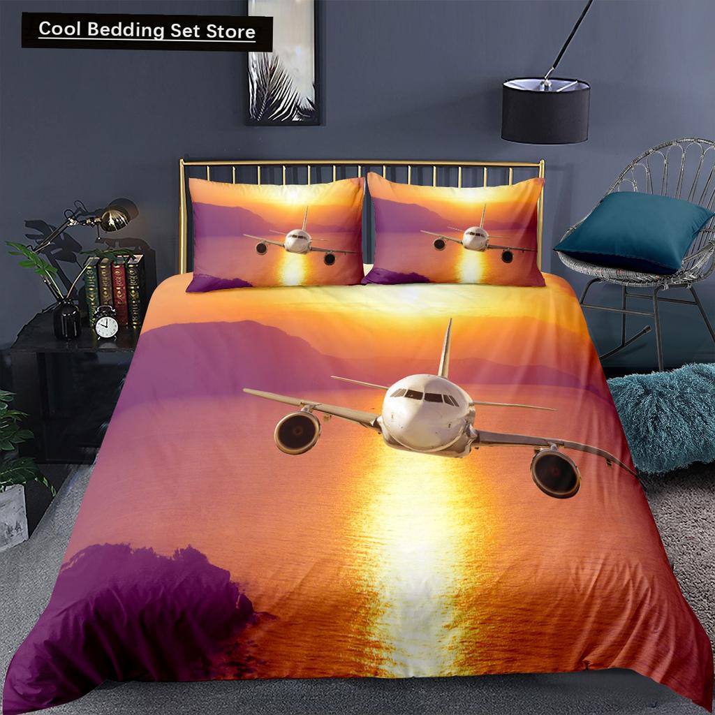 Airplane King Queen Full Duvet Cover Vintage Fighter Bedding Set for Kids Teens Adults Sky Clouds Grey 2/3pcs Soft Quilt Cover