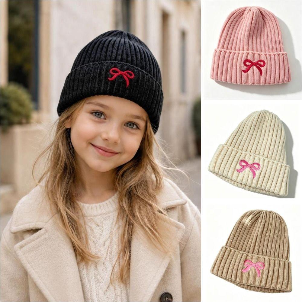 Embroidery Bow Knitted Beanie Cap Cold Proof Kids Knitted Hat cute Baby Knit Hat  Girls