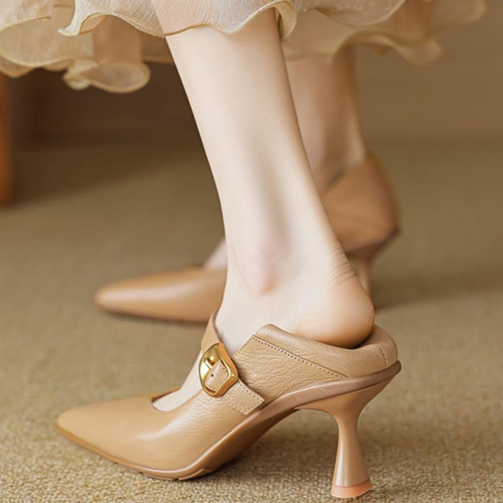 Super soft pointed head shallow mouth Mary Jane fashion single shoes new spring and autumn one-word buckle strap can step on the heel high heels women
