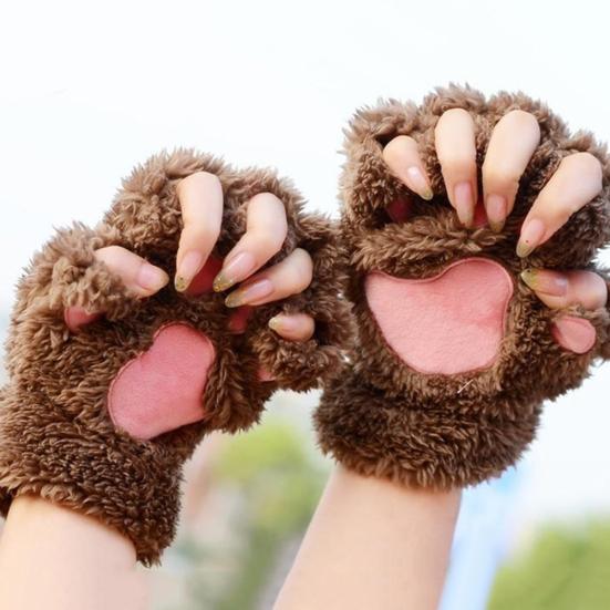 Winter Girl Cute Bear Cats Claw Cashmere Neck Hanging Half Finger Gloves Mittens