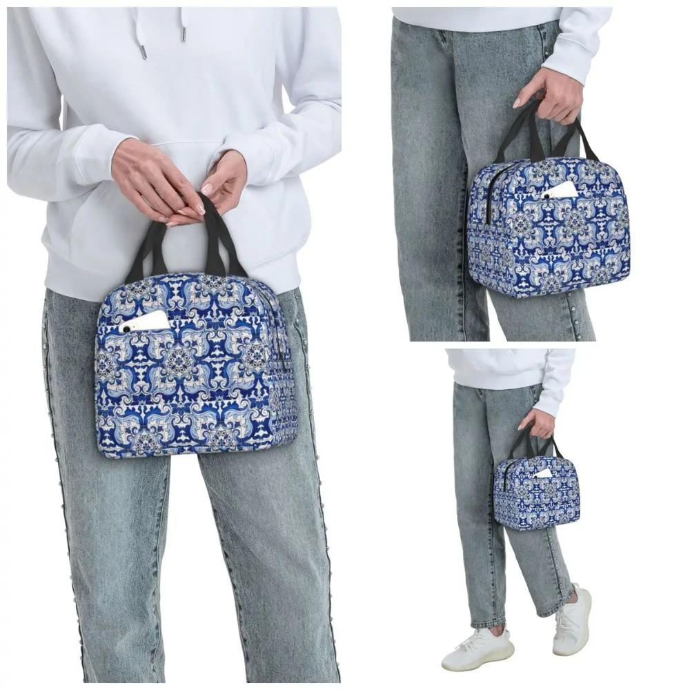 Antique Classic Lisbon Blue Azulejo Tile Floral Pattern Insulated Lunch Bag for WomenOffice Cooler Thermal Food BoxTote Portable