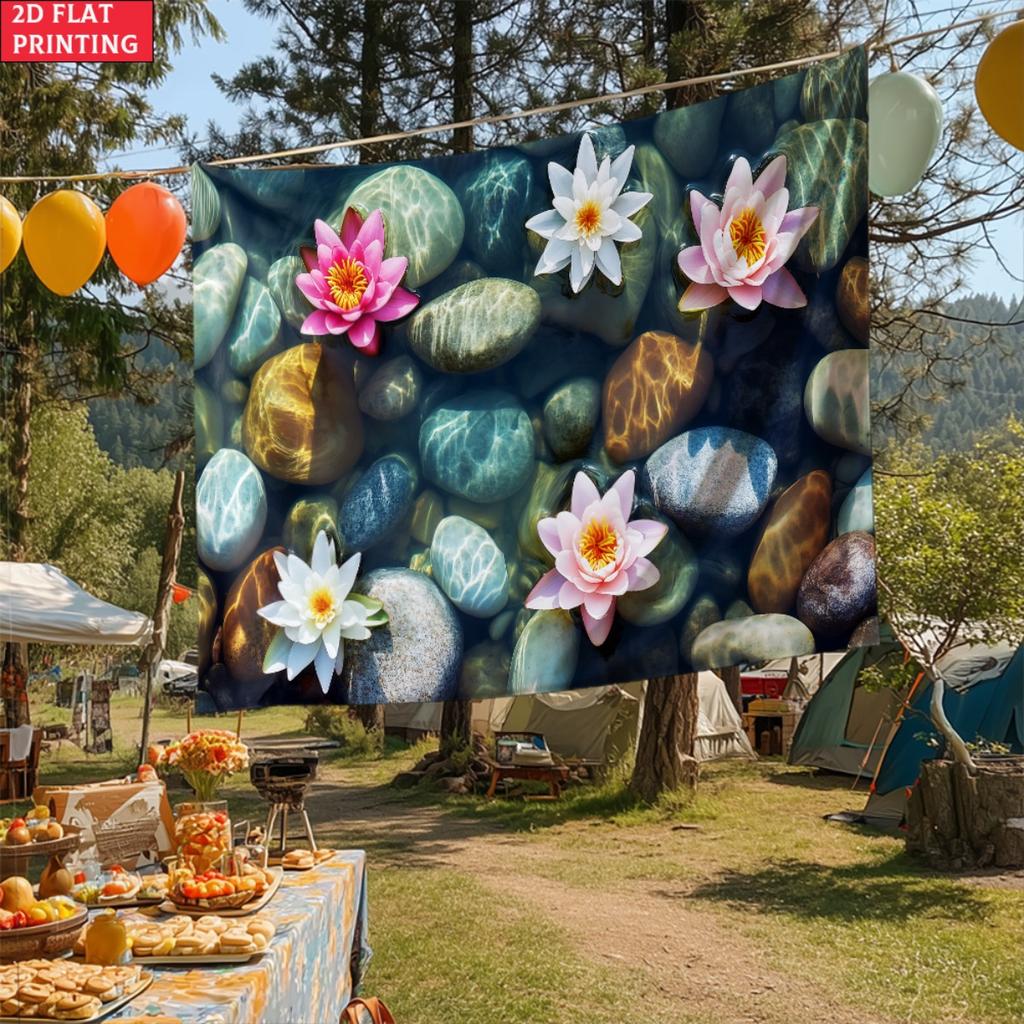 Water Lilies On River Stones Nature Landscape Tapestry Serene Garden Art Peaceful Home Decor Calming Nature Scene Pond Flowers