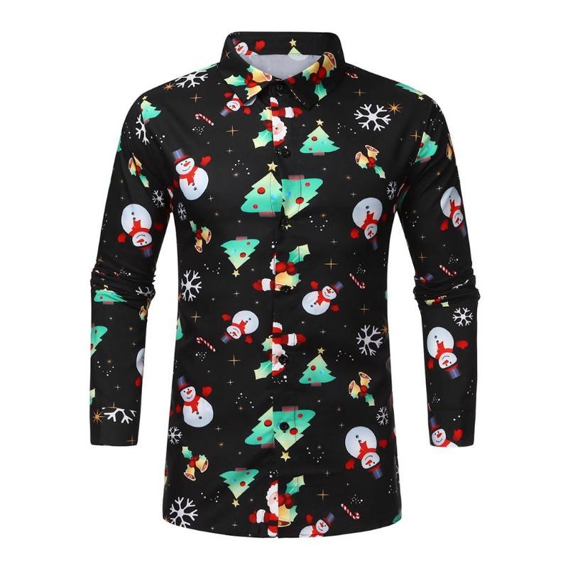 Christmas Holiday Party Men's 3D Snowflake Snowman Print Festive Atmosphere Lapel Long Sleeve Shirt Casual Slim Shirt