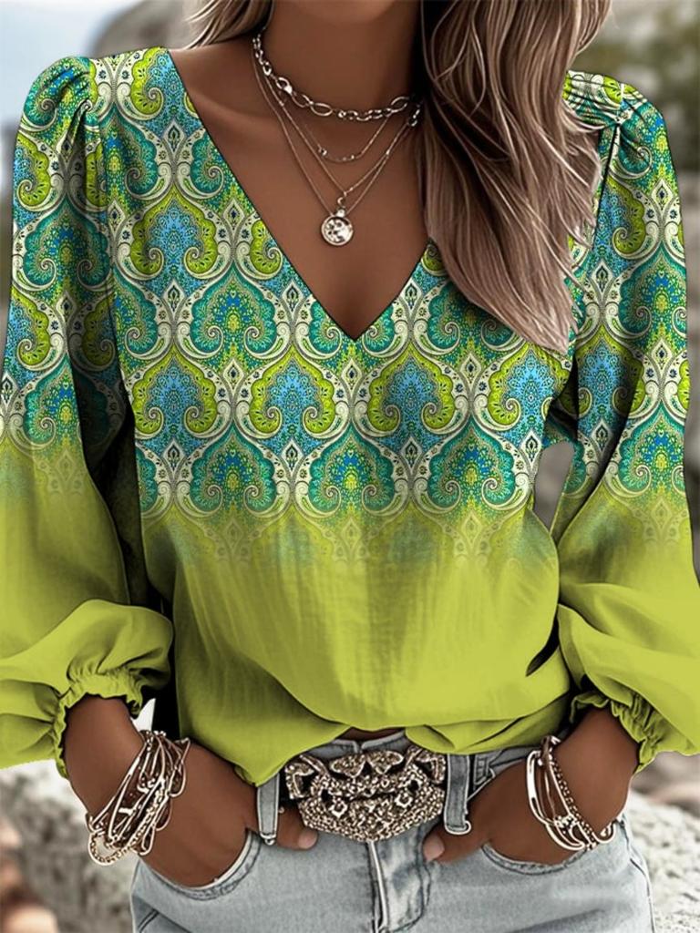 Retro Ethnic V-neck Women's Long-sleeved Top with Lantern Sleeves Featuring Totem Print In Bohemian Style, Suitable for All Season