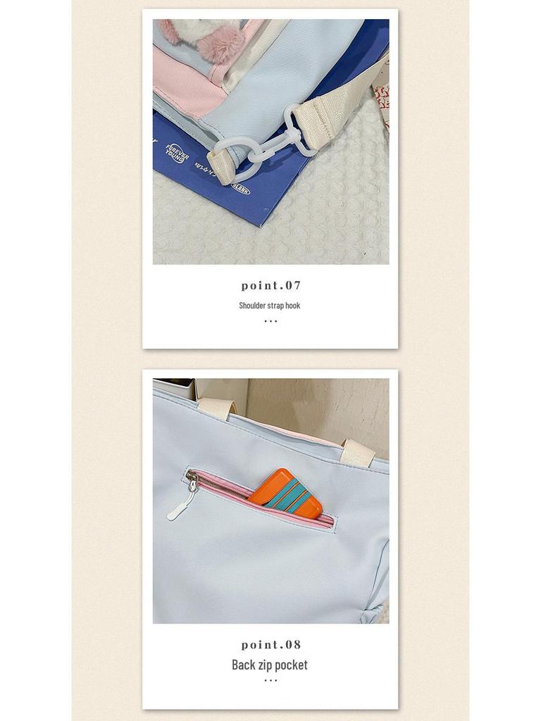 Japanese-Style Color-Block Tote Bag for Students: Lightweight, Large Capacity, Single-Shoulder Design
