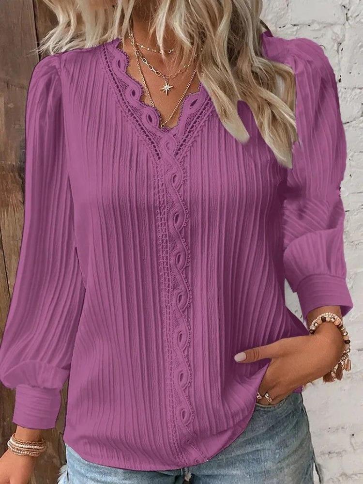Fashion Lace Patchwork Blouse Elegant Womens White Shirt Long Sleeved V Neck Loose Fitting Office Casual Tops