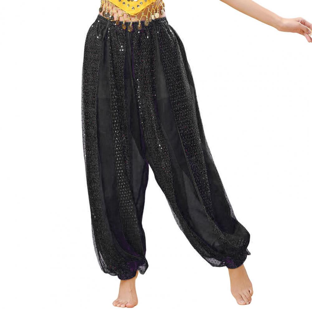 Damen Performance-Hose, elastische hohe Taille, einfarbige Pumphose mit Paillettendekor, Volkstanz, Bauchtanz-Kostümhose für Erwachsene