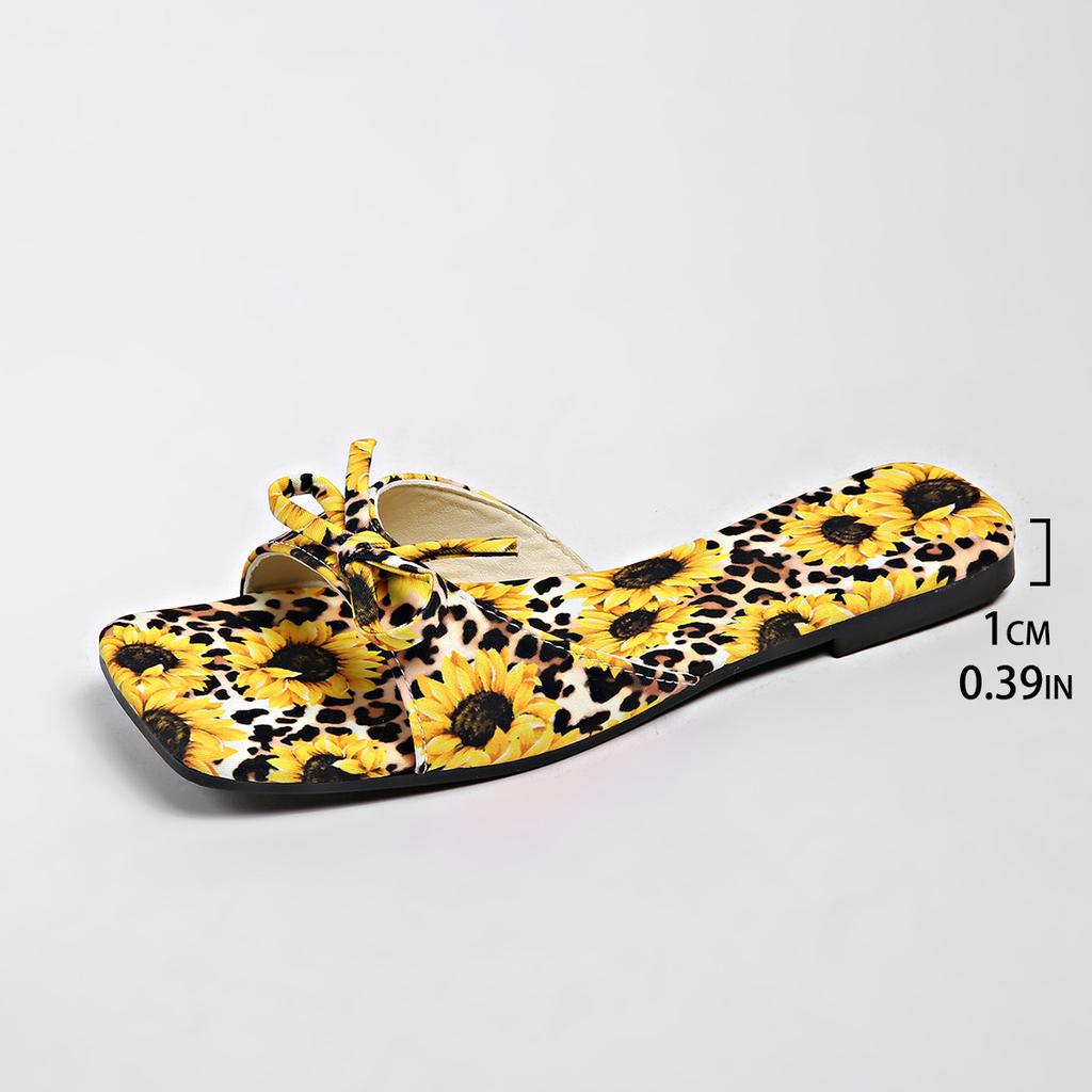 Summer Boho Sunflower Slides for Women, Square Toe Flat Sandals with Single Strap, Casual Flip Flops Matching Dresses