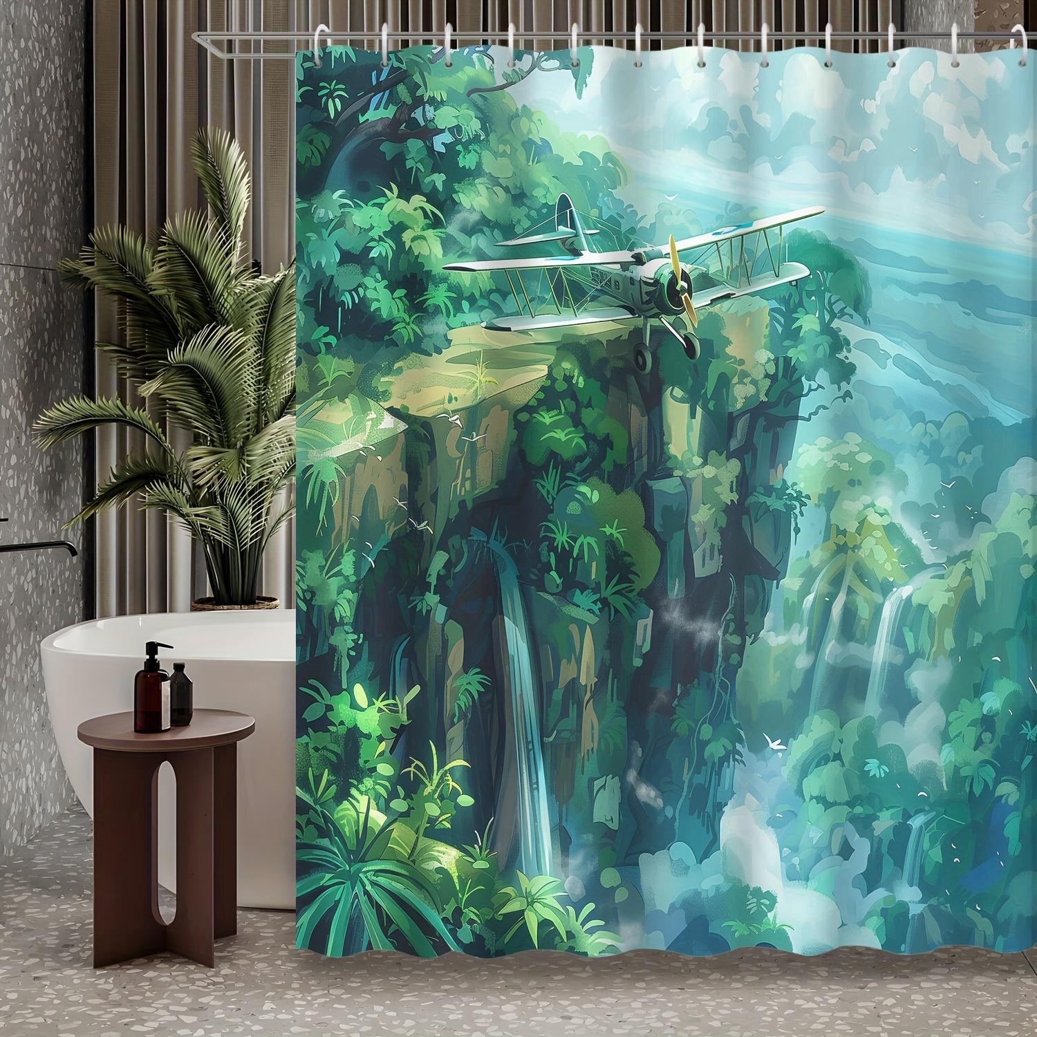 

1Pc Cartoon Green Jungle Valley Landscape Old Airplane Decor Shower Curtain, 12 Hooks Shower Curtain, Bathroom Decoration W60H190(CM)-1 Pcs