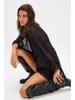 Women's Batwing Sleeve Mesh Cover-up: Spring/Summer Loose Beach Top with Lace Patchwork and Sun Protection.