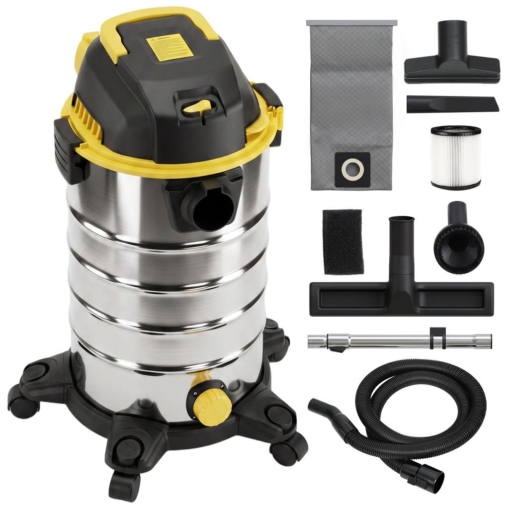 1400W Vacuum Cleaner, 3-in-1 Wet and Dry Vacuum Cleaner with Blowing Mode and 30L Stainless Steel Tank, Silver Tone