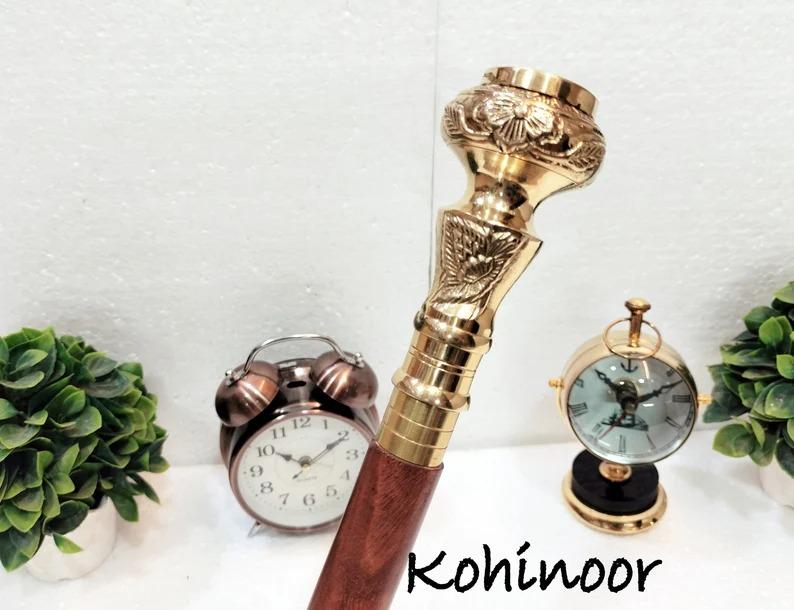 Personalized Engraved Brass Handle Walking Cane with Compass - Foldable