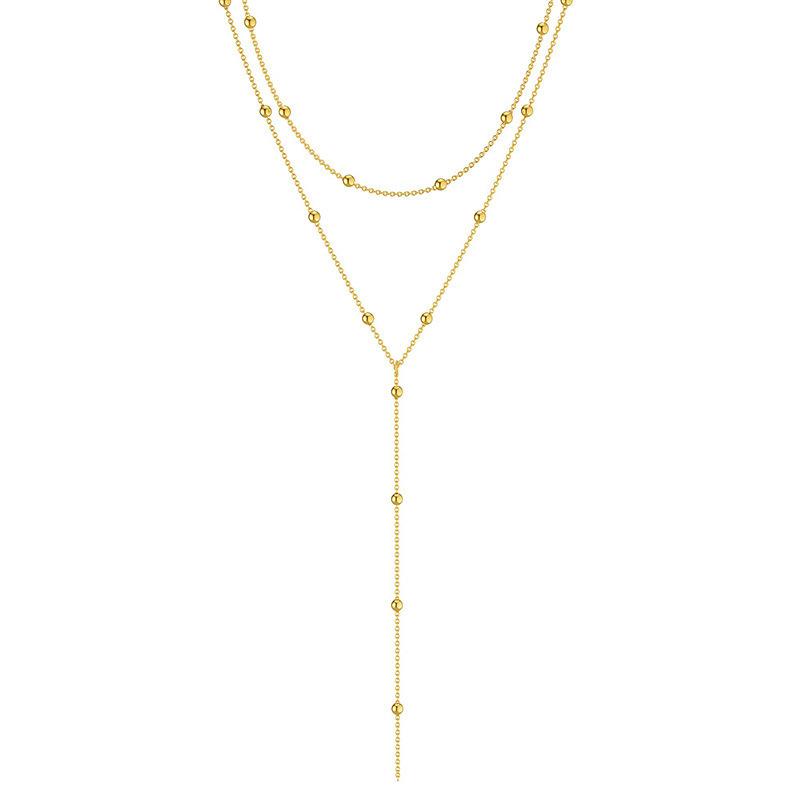 Double Layer Gold Beaded Y-Necklace, Dainty 14K Gold Plated Lariat Chain for Women