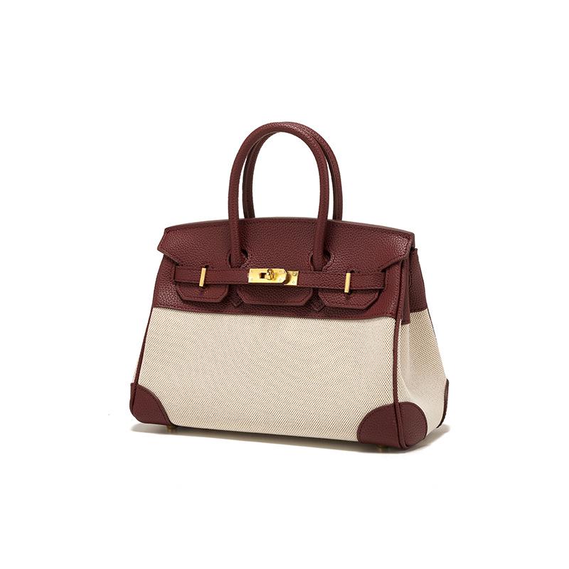 Lychee Grain Cowhide Canvas Color Block Women's Handbag - Large Capacity Shoulder & Crossbody Bag