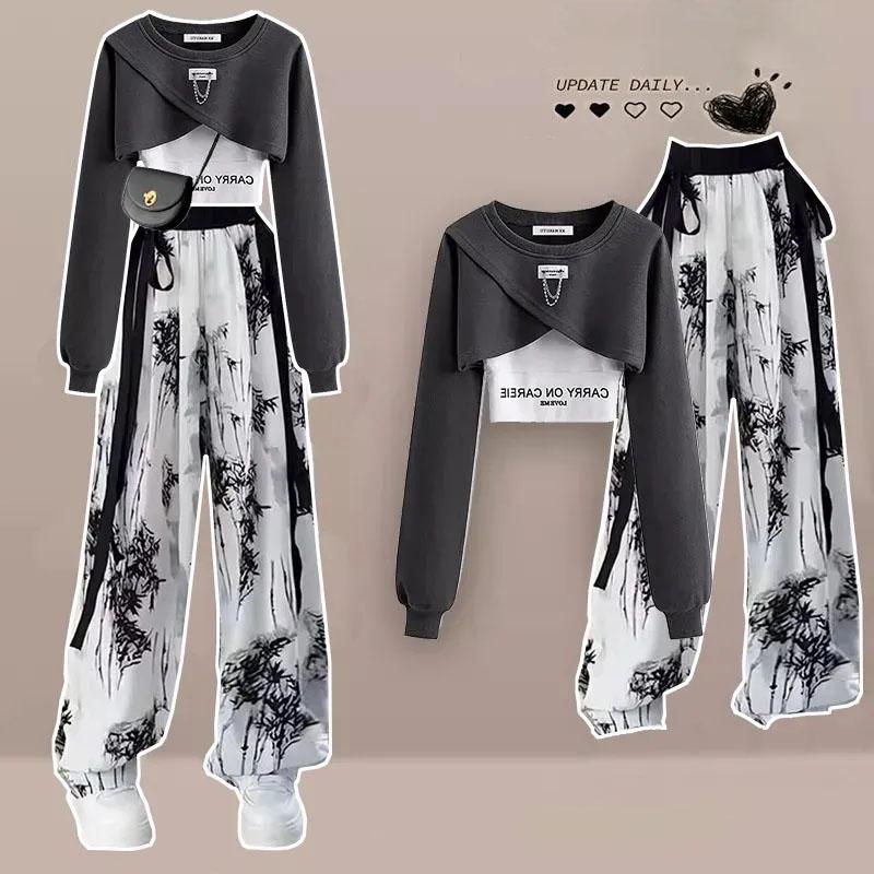 Spring and Autumn Set Women's Korean Loose Fashion Top Casual Pants Three Piece Set