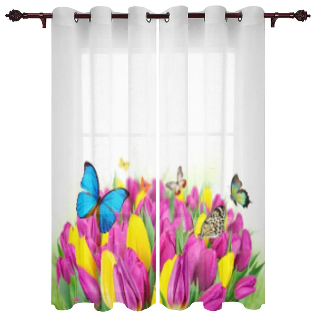 Spring Tulip Flower Plants Window Curtain Living Room Luxury Valance Curtain for Bedroom Home Kitchen Decor Curtain