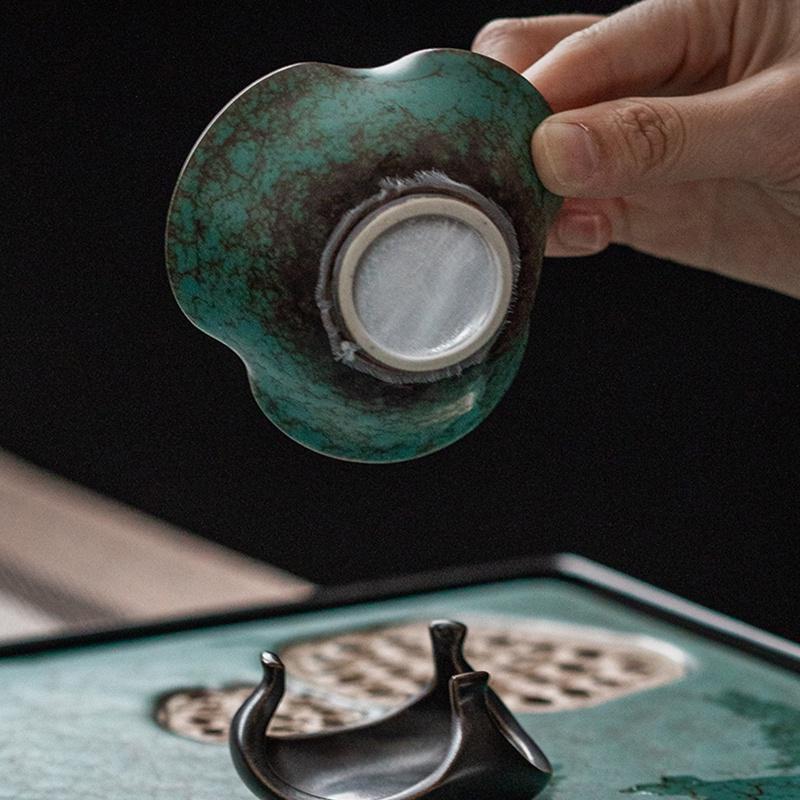 Tyrkysově zelená glazura Sítko na čaj Sada Japonské keramické sítko na čaj Hrubá keramika Oddělovač čaje Filtrační síťka Čajové příslušenství Sada trychtýře
