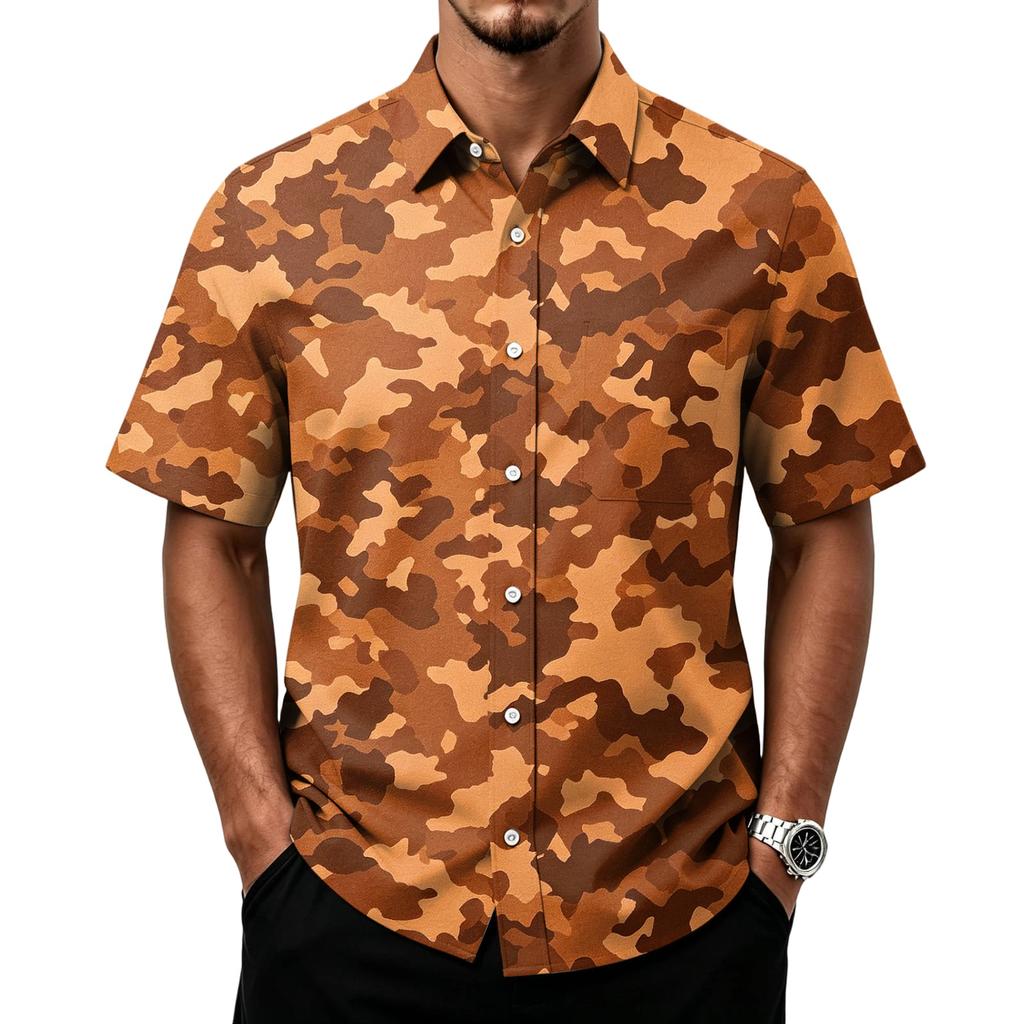 Men's Casual Short Sleeve Button Down Shirt Lightweight Breathable Fabric Classic Fit with Front Pocket Camouflage Print